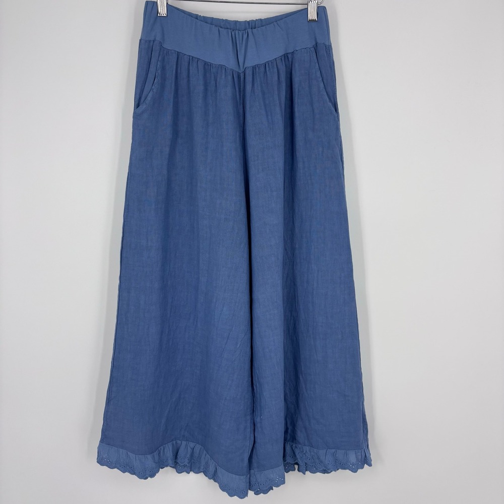 Puro Lino Linen Eyelet Ruffle Hem Wide Leg Pants Women OS Blue Made Italy Boho